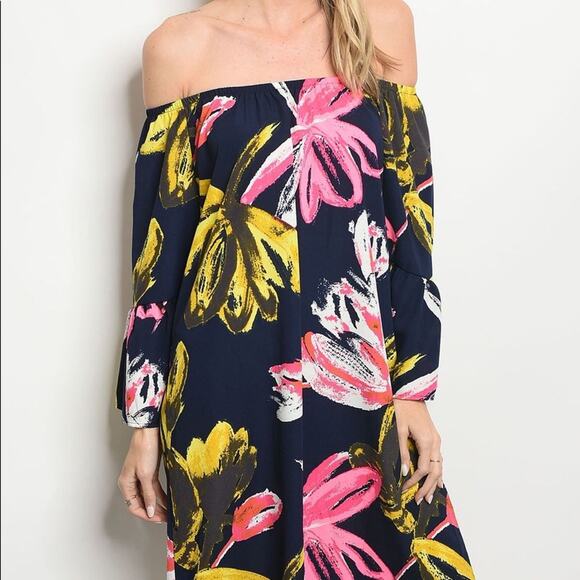 Navy Floral Dress Off Shoulder Bell Sleeve Tunic - Picture 3 of 8
